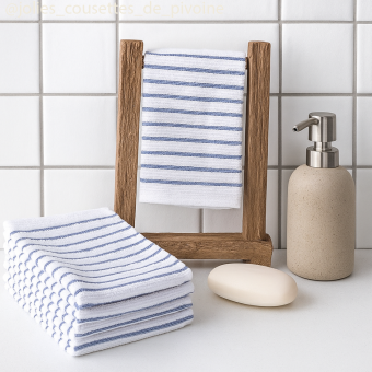 Lot de 5 serviettes visage rayures bleues 20x20cm
