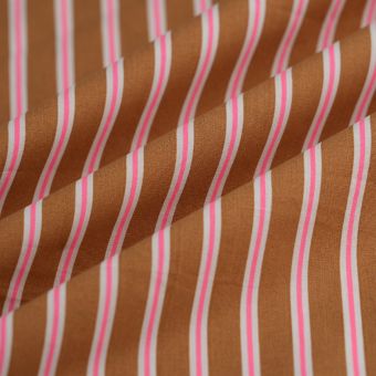 Tissu popeline coton ocre rayures blanc rose