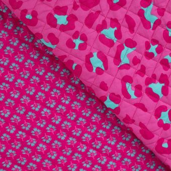 Tissu coton matelassé recto verso léopard et mini palmette rose