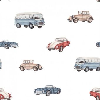 Tissu Minky lisse Voitures Vintage Blanc, coupon 1m x laize (150cm)