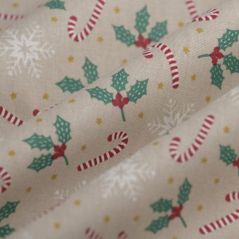 Tissu cretonne de Noël canne houx beige 