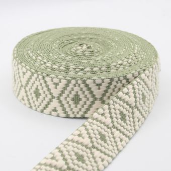 Sangle coton motif losange ethnique 38 mm vert amande