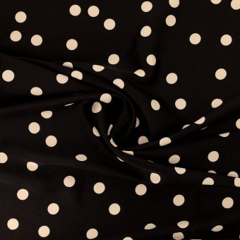 Tissu voile satin polyester stretch noir pois écru