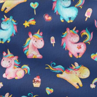 Tissu Softshell Licorne Arc-en-ciel Bleu, coupon 1m x laize (145cm)