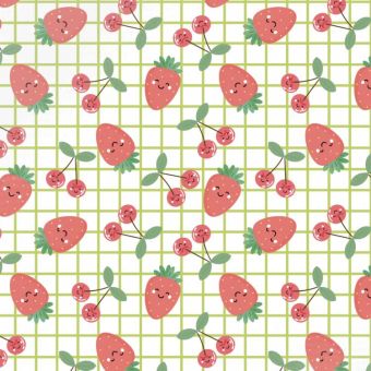 Tissu Impermeable Fraises Carreaux Verts, coupon 1m x laize (155cm)