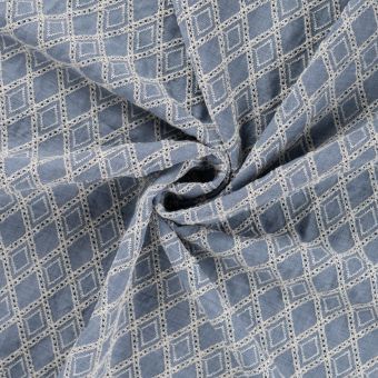 Tissu coton brodé mini fleur losange bleu