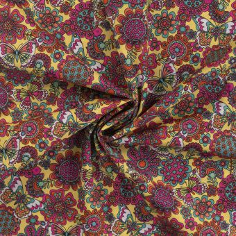 Tissu voile coton imprimé papillons jaune