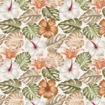 Tissu Impermeable Feuilles et Hibiscus Nude, coupon 1m x laize (155cm)