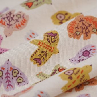 Tissu Jersey oiseaux folk multicolore rose