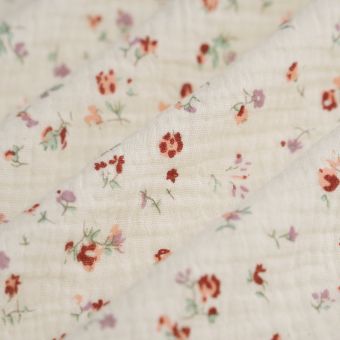 Tissu double gaze bouquet délicat rose écru