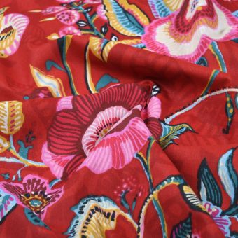 Tissu cretonne enduit imprimé fleur fantaisie rouge