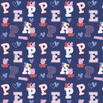 Tissu coton Peppa pig et lettres bleu