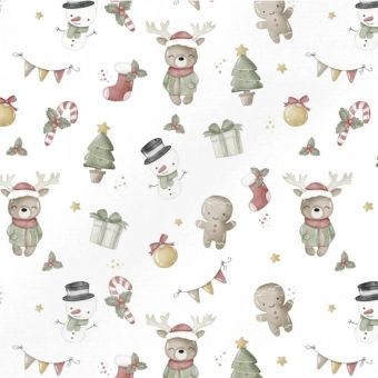Tissu French Terry Petit Noel Mignon Blanc, coupon 1m x laize (145cm)