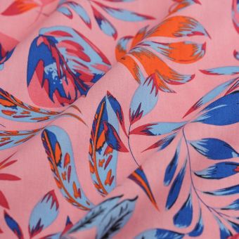 Tissu popeline coton palmes multicolore rose