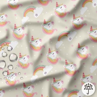 Tissu imperméable licorne rose et gris