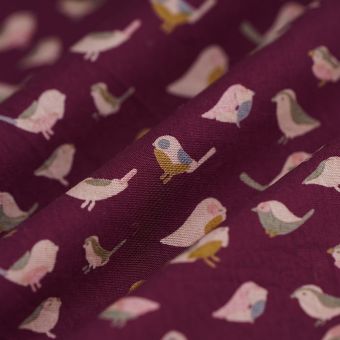 Tissu popeline coton Oiseaux multicolore prune