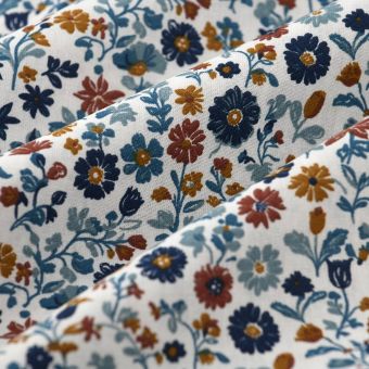 Tissu cretonne fleur Aryada bleu marron 