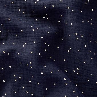 Tissu Double gaze pois doré bleu nuit