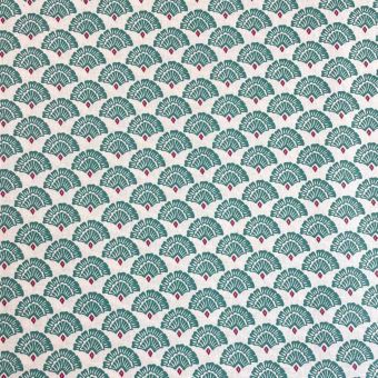 Tissu cretonne enduite blanc éventails indiens turquoise