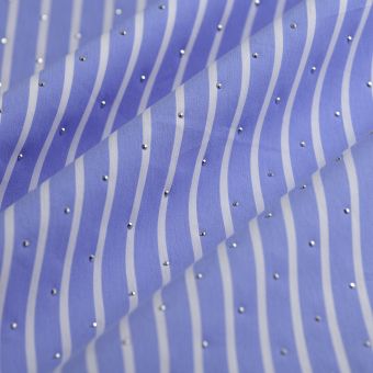 Tissu popeline extensible rayure strass blanc bleu
