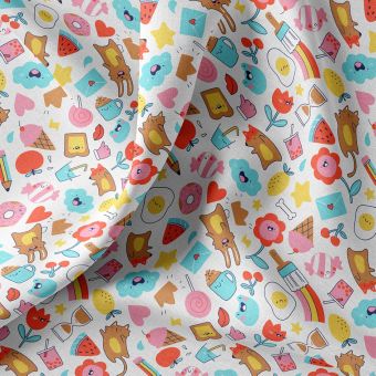 Tissu cretonne coton enduit nourriture fun kawai multico