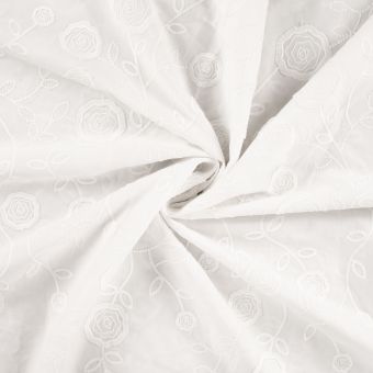 Tissu coton brodé belle fleur blanc