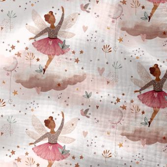 Tissu double gaze imprimé digital danceuses fées rose