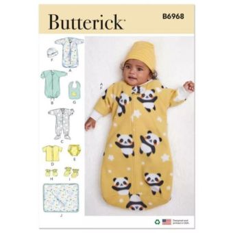 Patron Butterick B6968A barboteuse bébé de 1 mois à 24 mois