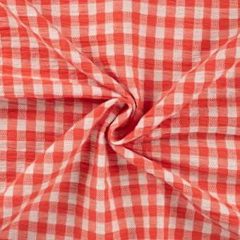 Tissu seersucker imprimé vichy corail