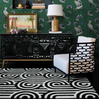 Tapis salon et chambre fait à la main en laine motif seventies, noir, blanc