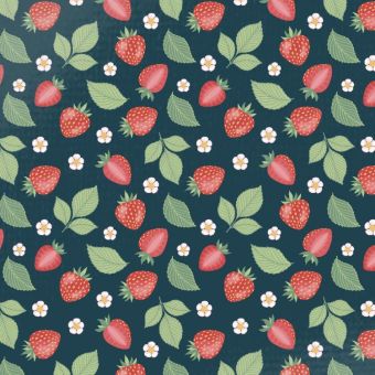 Tissu Double Gaze Fraises et Feuilles Nuit, coupon 1m x laize (145cm)