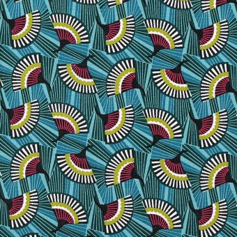 Tissu coton éventails bleu