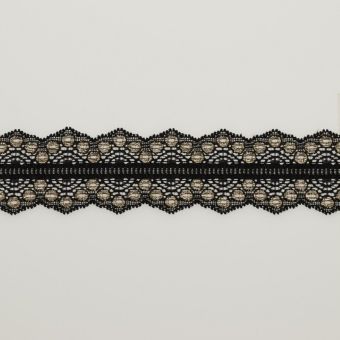Dentelle stretch double feston 4cm ronds métallisés dorés noire
