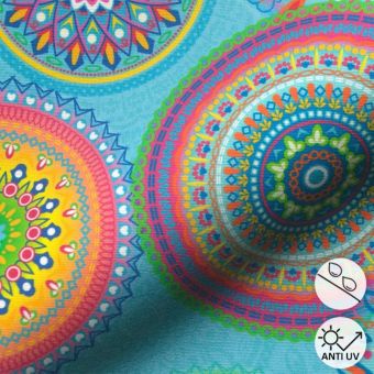 Toile outdoor dralon déperlante bleu clair mandala multicolore