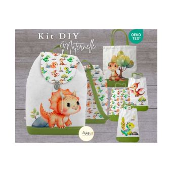 Kit couture maternelle Dinosaure – Sac à dos, bavoirs et sac bibliothèque à coudre