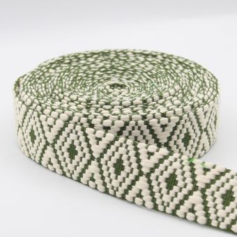 Sangle coton motif losange ethnique 38 mm vert kaki