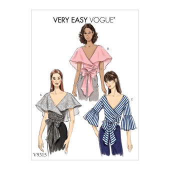 Patron Vogue 9315E5 tops femme cache - cœur, manches volantées ou col cape drapé - du 42 au 50