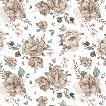 Tissu French Terry Fleurs Romantiques Boho Blanc, coupon 1m x laize (145cm)