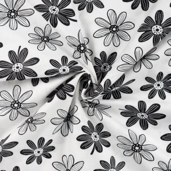 Tissu Popeline coton imprimé belle marguerite noire blanc