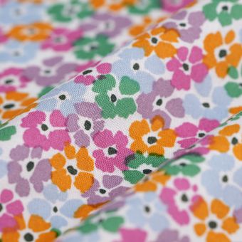 Tissu popeline viscose pensée tampon multicolore écru