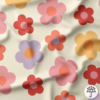 Tissu imperméable grosse fleur naïve rose fond écru