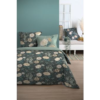 Parure de lit coton 57 fils imprimée belles fleurs vert - 240 cm x 220 cm + 2 taies 63 x 63 cm