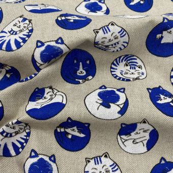 Tissu bachette imprimé chat Neko bleu