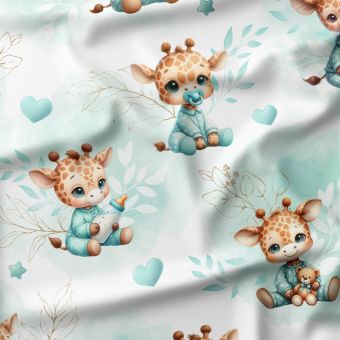 Tissu French Terry "Bébé Girafe Pastel Vert d’Eau" – aquarelle girafe bébé