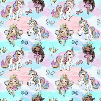 Tissu Softshell Licorne Bleu Et Rose, coupon 1m x laize (145cm)