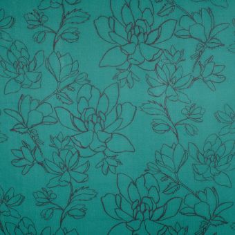 Tissu voile mousse vert motif grandes fleurs noires 300cm