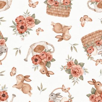 Tissu Coton Lapin Paques Fleurs Grand, coupon 1m x laize (155cm)