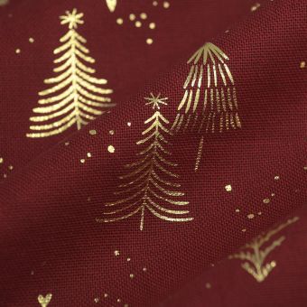 Tissu bachette de Noël sapin fin foil or rouge