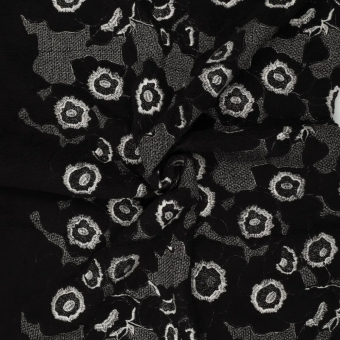 Tissus sherpa motif brodé grosse fleur noir