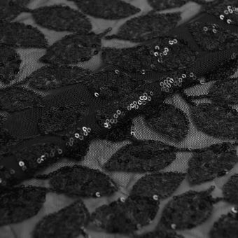 Tissu résille sequins feuilles noir